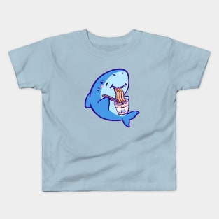 A cute shark eating ramen with chopsticks Kids T-Shirt